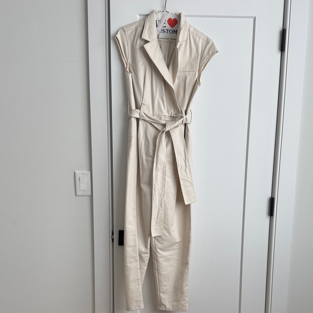 Anthropologie Cream Belted Jumpsuit